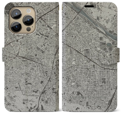 【武蔵中原（神奈川県）】地図柄iPhoneケース（手帳タイプ）モノトーン・iPhone 14 Pro Max 用