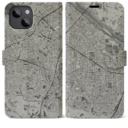 【武蔵中原（神奈川県）】地図柄iPhoneケース（手帳タイプ）モノトーン・iPhone 14 Plus 用