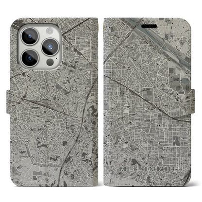 【武蔵中原（神奈川県）】地図柄iPhoneケース（手帳タイプ）モノトーン・iPhone 15 Pro 用