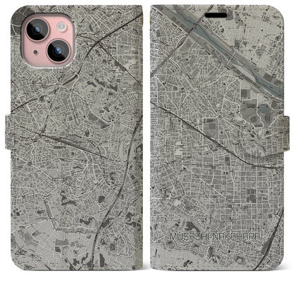 【武蔵中原（神奈川県）】地図柄iPhoneケース（手帳タイプ）モノトーン・iPhone 15 Plus 用