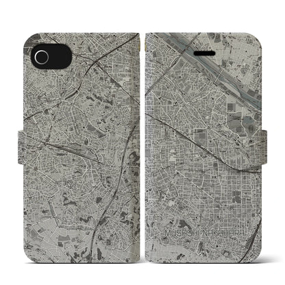 【武蔵中原（神奈川県）】地図柄iPhoneケース（手帳タイプ）モノトーン・iPhone SE（第3 / 第2世代） / 8 / 7 / 6s / 6 用