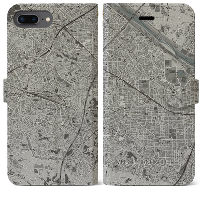 【武蔵中原（神奈川県）】地図柄iPhoneケース（手帳タイプ）モノトーン・iPhone 8Plus /7Plus / 6sPlus / 6Plus 用