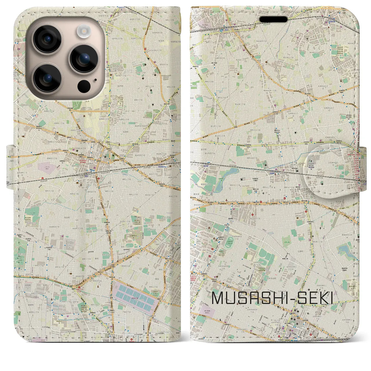 【武蔵関（東京都）】地図柄iPhoneケース（手帳タイプ）ナチュラル・iPhone 16 Plus 用