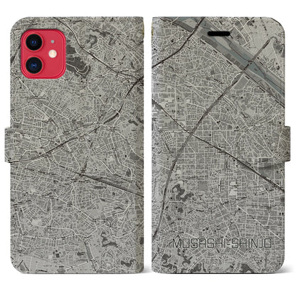 【武蔵新城（神奈川県）】地図柄iPhoneケース（手帳タイプ）モノトーン・iPhone 11 用