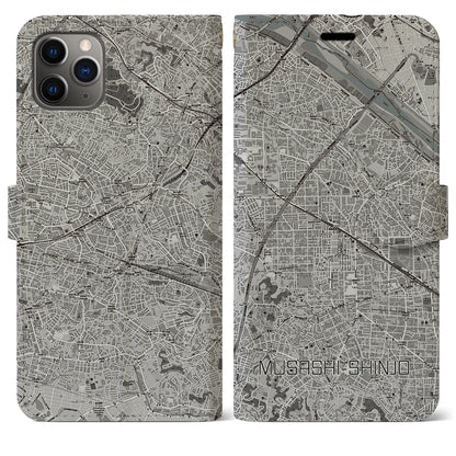 【武蔵新城（神奈川県）】地図柄iPhoneケース（手帳タイプ）モノトーン・iPhone 11 Pro Max 用