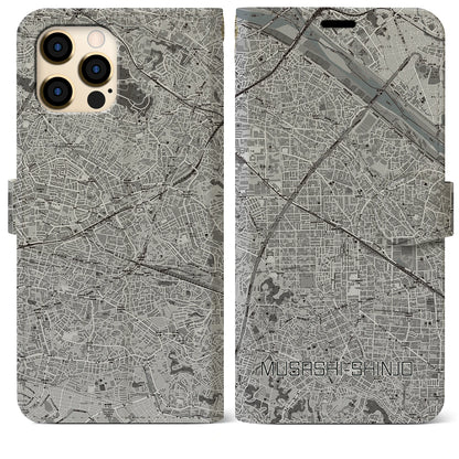 【武蔵新城（神奈川県）】地図柄iPhoneケース（手帳タイプ）モノトーン・iPhone 12 Pro Max 用