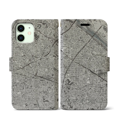 【武蔵新城（神奈川県）】地図柄iPhoneケース（手帳タイプ）モノトーン・iPhone 12 mini 用