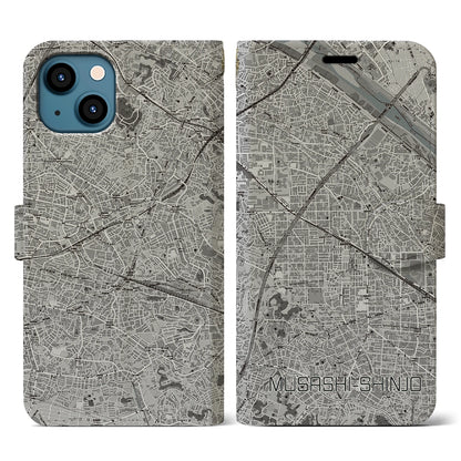 【武蔵新城（神奈川県）】地図柄iPhoneケース（手帳タイプ）モノトーン・iPhone 13 用