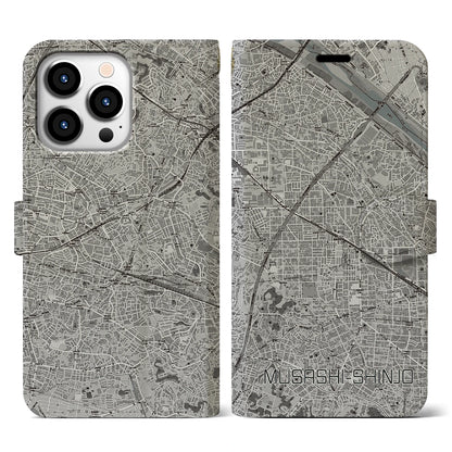 【武蔵新城（神奈川県）】地図柄iPhoneケース（手帳タイプ）モノトーン・iPhone 13 Pro 用