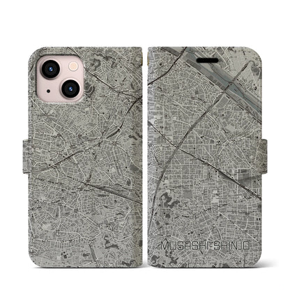 【武蔵新城（神奈川県）】地図柄iPhoneケース（手帳タイプ）モノトーン・iPhone 13 mini 用