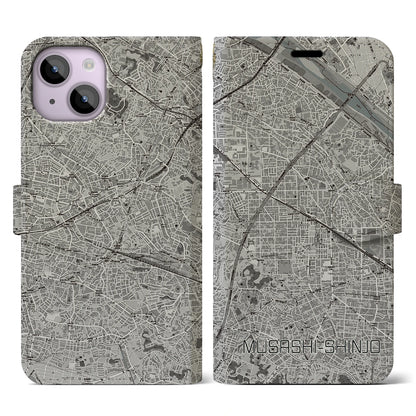 【武蔵新城（神奈川県）】地図柄iPhoneケース（手帳タイプ）モノトーン・iPhone 14 用