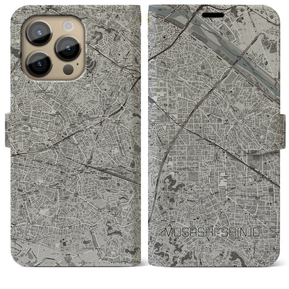 【武蔵新城（神奈川県）】地図柄iPhoneケース（手帳タイプ）モノトーン・iPhone 14 Pro Max 用