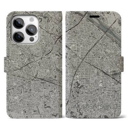 【武蔵新城（神奈川県）】地図柄iPhoneケース（手帳タイプ）モノトーン・iPhone 14 Pro 用