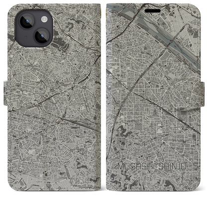 【武蔵新城（神奈川県）】地図柄iPhoneケース（手帳タイプ）モノトーン・iPhone 14 Plus 用