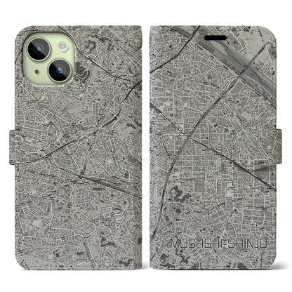 【武蔵新城（神奈川県）】地図柄iPhoneケース（手帳タイプ）モノトーン・iPhone 15 用