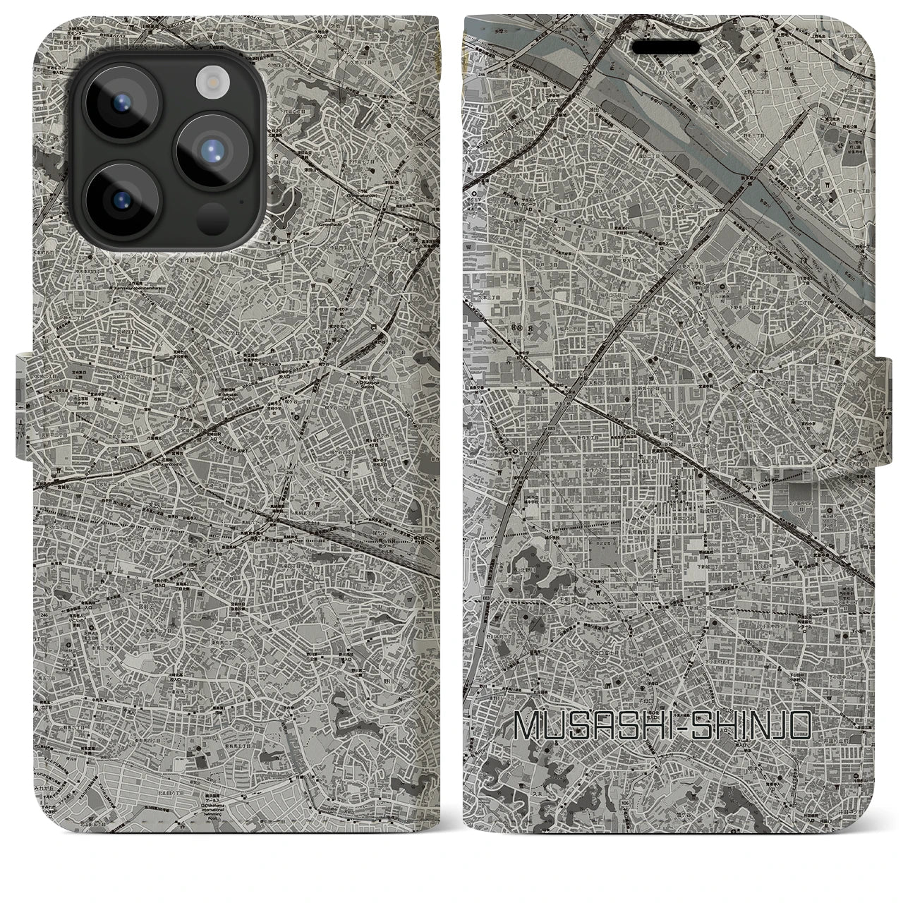 【武蔵新城】地図柄iPhoneケース（手帳両面タイプ・モノトーン）iPhone 15 Pro Max 用