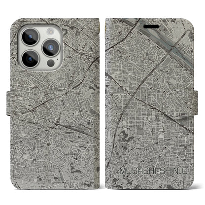 【武蔵新城（神奈川県）】地図柄iPhoneケース（手帳タイプ）モノトーン・iPhone 15 Pro 用
