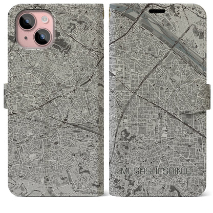 【武蔵新城（神奈川県）】地図柄iPhoneケース（手帳タイプ）モノトーン・iPhone 15 Plus 用