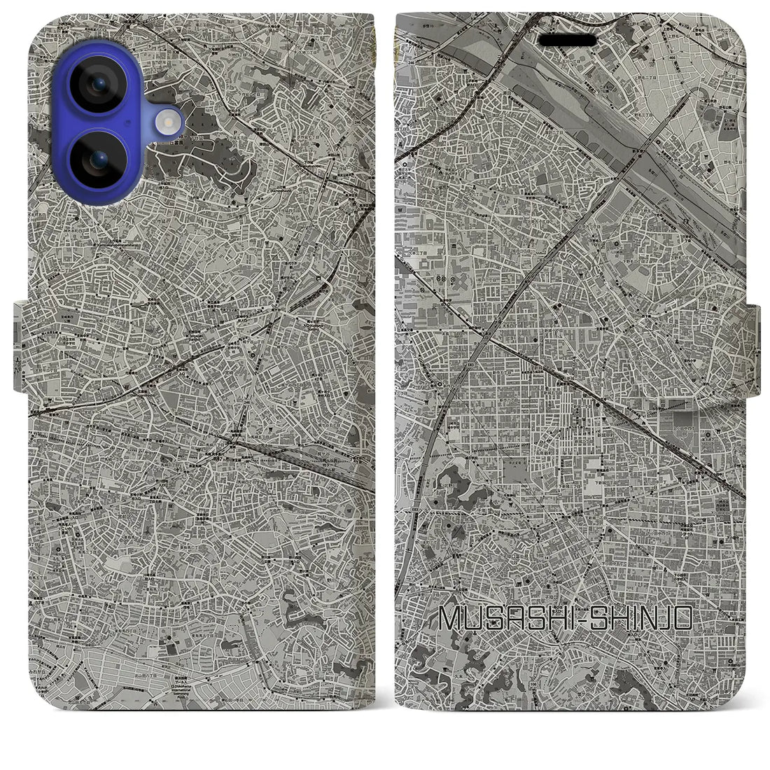 【武蔵新城(神奈川県)】地図柄iPhoneケース(手帳タイプ)モノトーン・iPhone 16 Pro Max 用