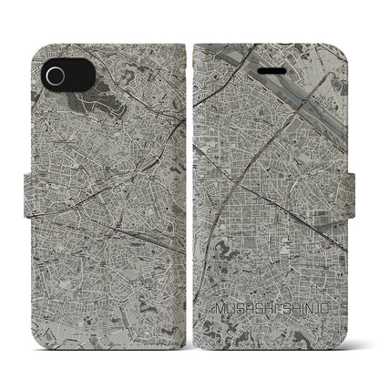 【武蔵新城（神奈川県）】地図柄iPhoneケース（手帳タイプ）モノトーン・iPhone SE（第3 / 第2世代） / 8 / 7 / 6s / 6 用