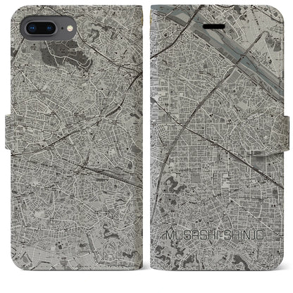 【武蔵新城（神奈川県）】地図柄iPhoneケース（手帳タイプ）モノトーン・iPhone 8Plus /7Plus / 6sPlus / 6Plus 用