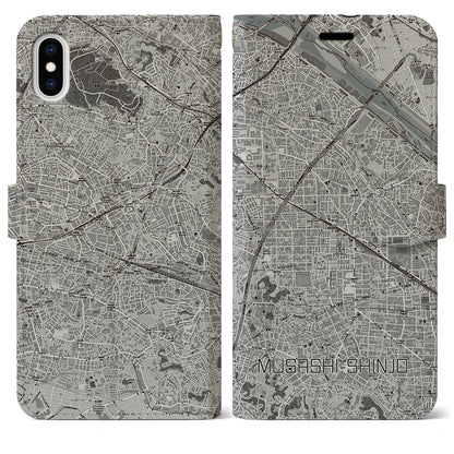 【武蔵新城（神奈川県）】地図柄iPhoneケース（手帳タイプ）モノトーン・iPhone XS Max 用