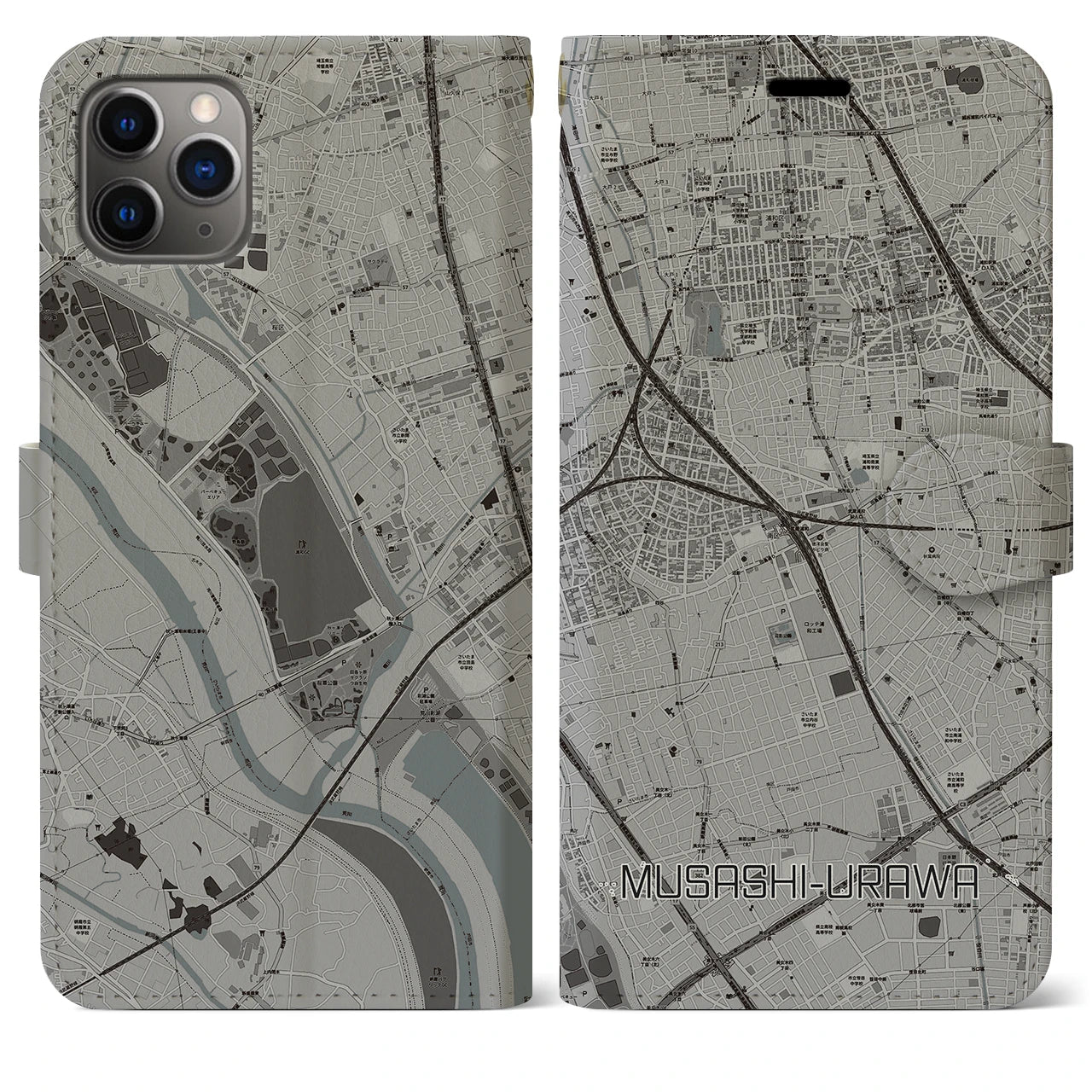 【武蔵浦和】地図柄iPhoneケース（手帳両面タイプ・モノトーン）iPhone 11 Pro Max 用