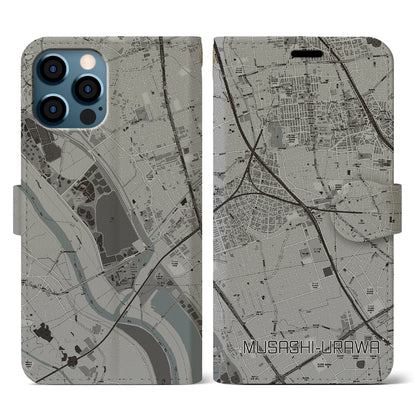 【武蔵浦和（埼玉県）】地図柄iPhoneケース（手帳タイプ）モノトーン・iPhone 12 / 12 Pro 用