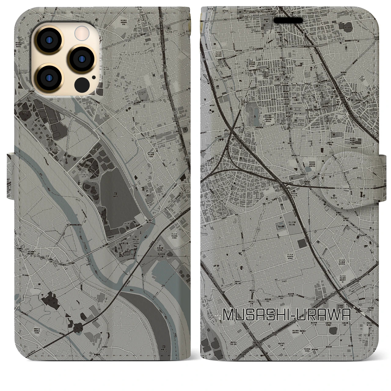 【武蔵浦和】地図柄iPhoneケース（手帳両面タイプ・モノトーン）iPhone 12 Pro Max 用