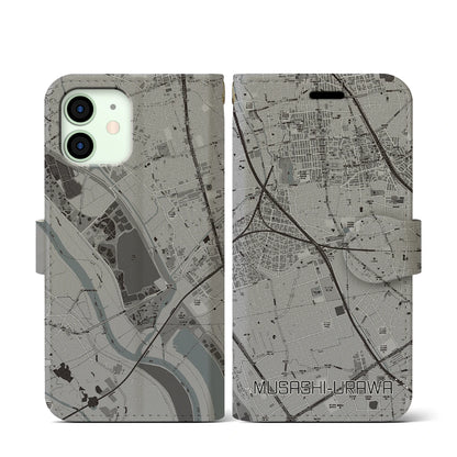 【武蔵浦和（埼玉県）】地図柄iPhoneケース（手帳タイプ）モノトーン・iPhone 12 mini 用