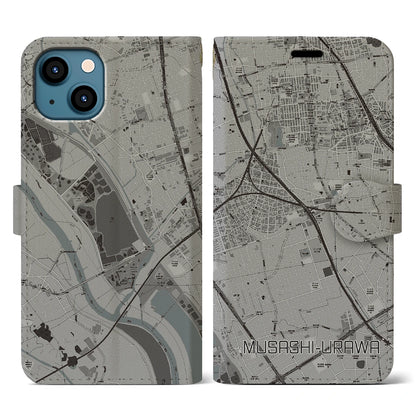 【武蔵浦和（埼玉県）】地図柄iPhoneケース（手帳タイプ）モノトーン・iPhone 13 用