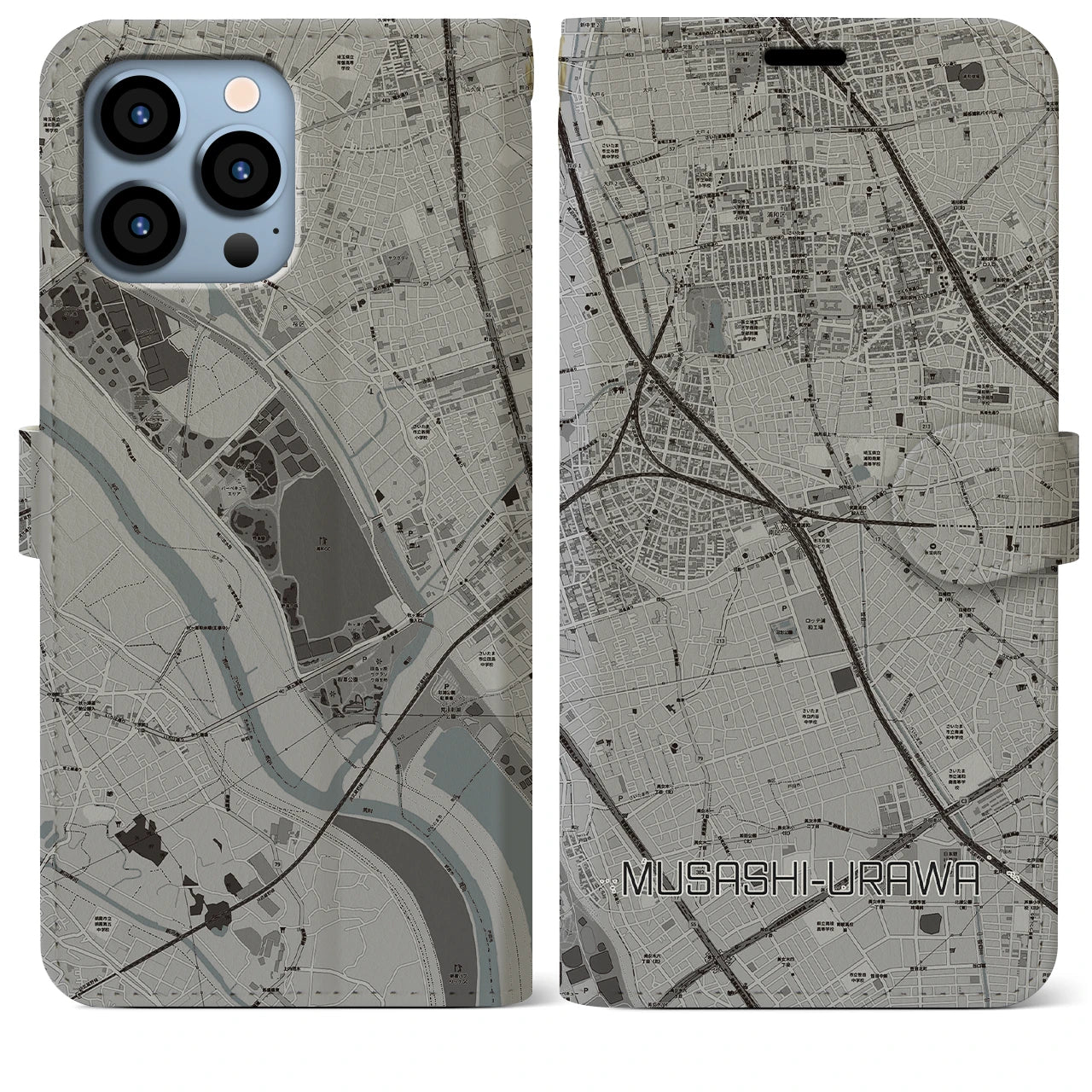 【武蔵浦和】地図柄iPhoneケース（手帳両面タイプ・モノトーン）iPhone 13 Pro Max 用