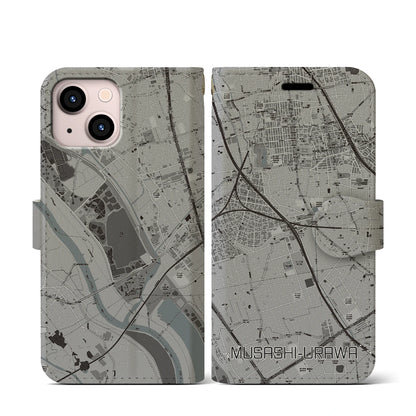 【武蔵浦和（埼玉県）】地図柄iPhoneケース（手帳タイプ）モノトーン・iPhone 13 mini 用