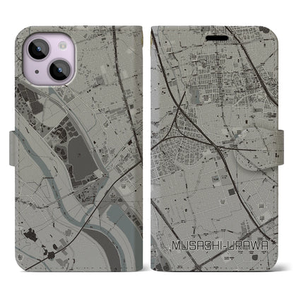 【武蔵浦和（埼玉県）】地図柄iPhoneケース（手帳タイプ）モノトーン・iPhone 14 用