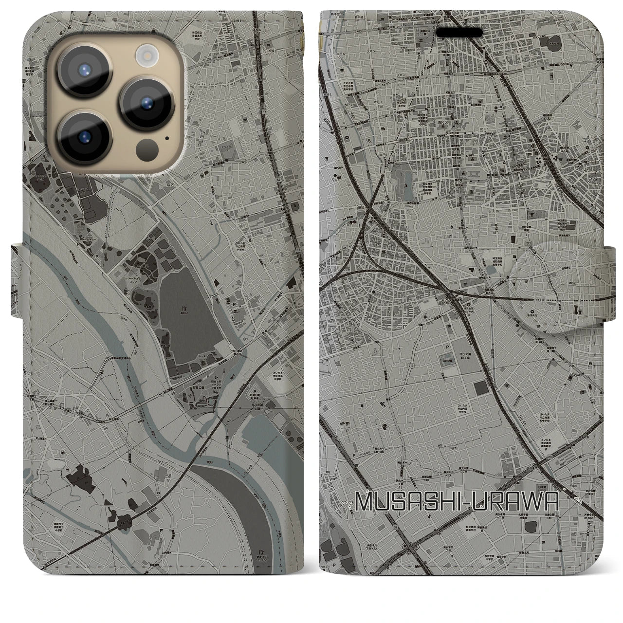 【武蔵浦和】地図柄iPhoneケース（手帳両面タイプ・モノトーン）iPhone 14 Pro Max 用