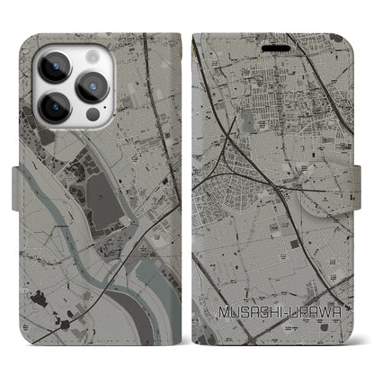 【武蔵浦和（埼玉県）】地図柄iPhoneケース（手帳タイプ）モノトーン・iPhone 14 Pro 用