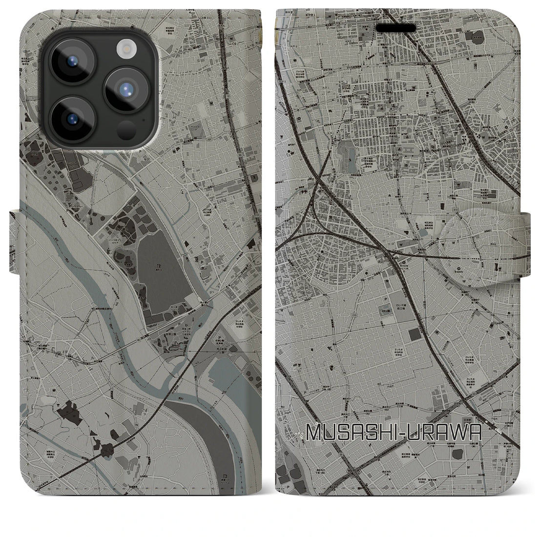 【武蔵浦和】地図柄iPhoneケース（手帳両面タイプ・モノトーン）iPhone 15 Pro Max 用