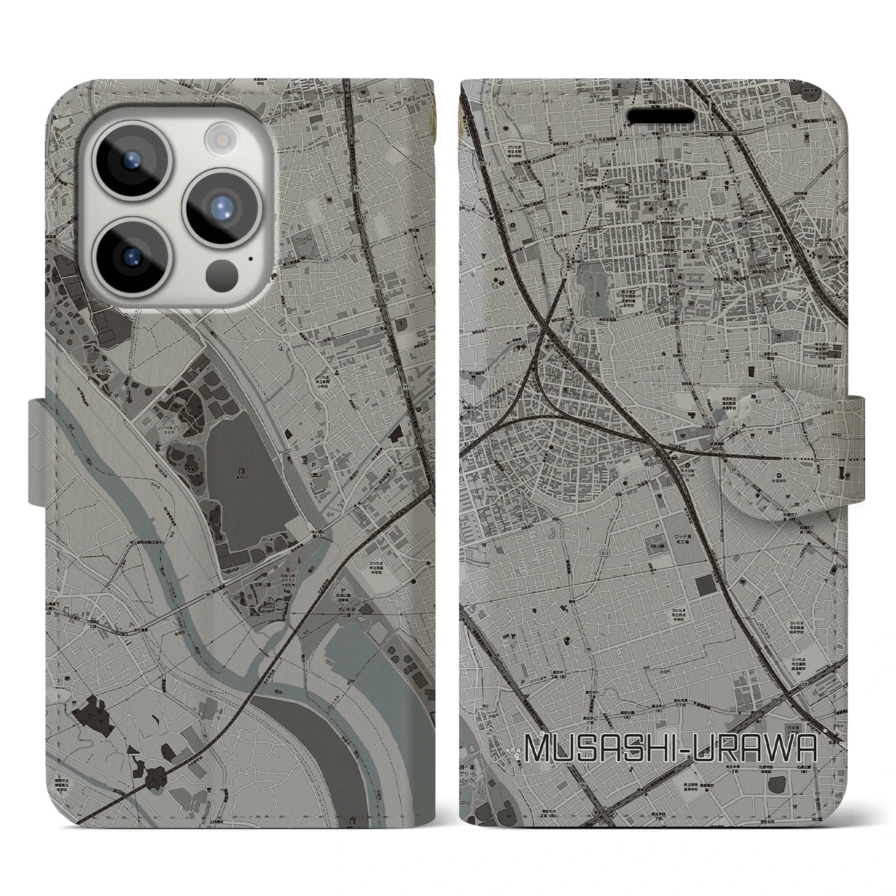 【武蔵浦和】地図柄iPhoneケース（手帳両面タイプ・モノトーン）iPhone 15 Pro 用
