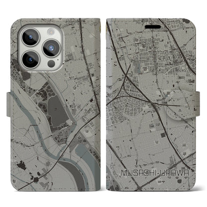 【武蔵浦和（埼玉県）】地図柄iPhoneケース（手帳タイプ）モノトーン・iPhone 15 Pro 用