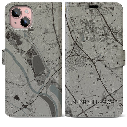 【武蔵浦和（埼玉県）】地図柄iPhoneケース（手帳タイプ）モノトーン・iPhone 15 Plus 用