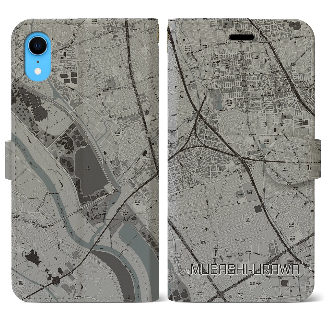 【武蔵浦和】地図柄iPhoneケース（手帳両面タイプ・モノトーン）iPhone XR 用
