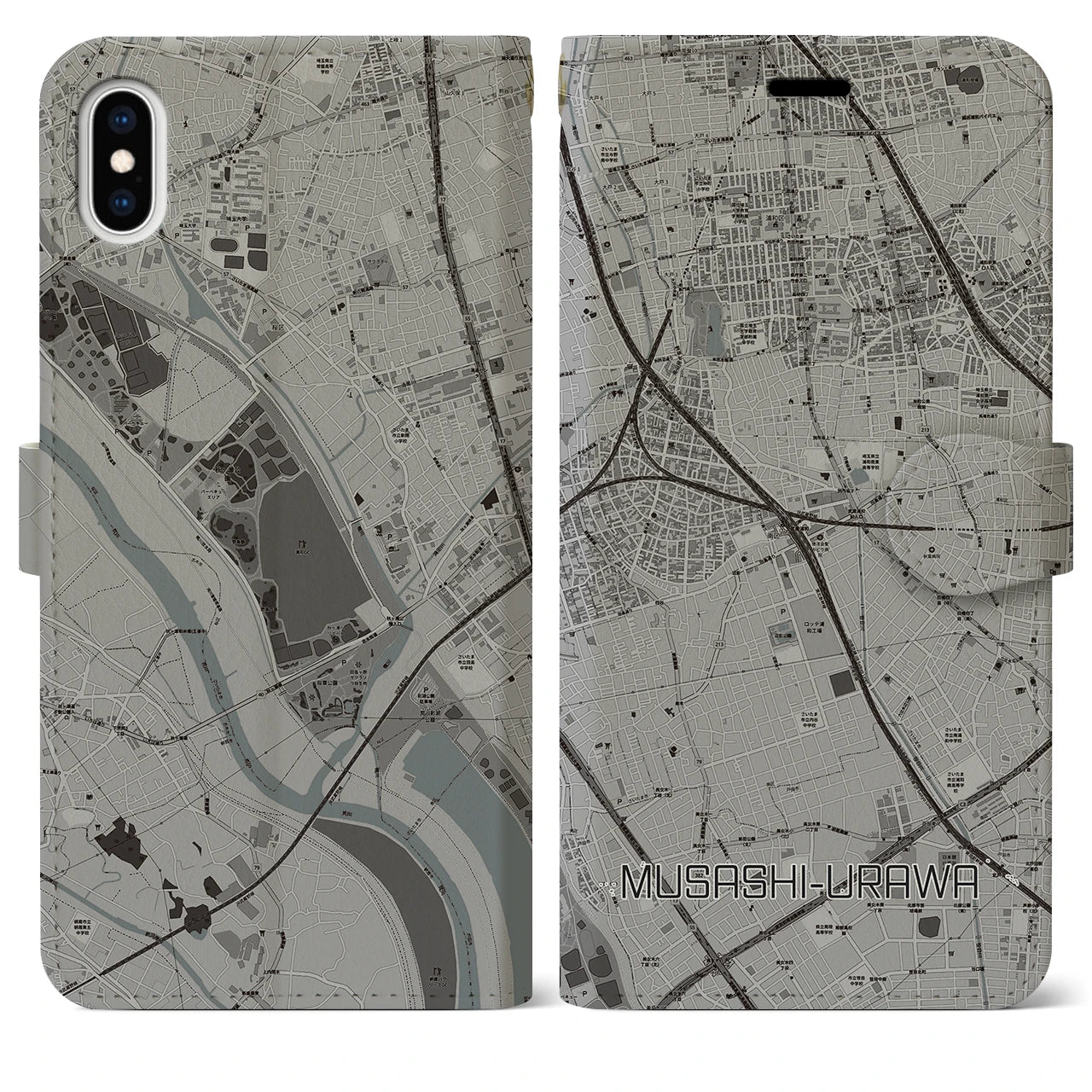 【武蔵浦和】地図柄iPhoneケース（手帳両面タイプ・モノトーン）iPhone XS Max 用