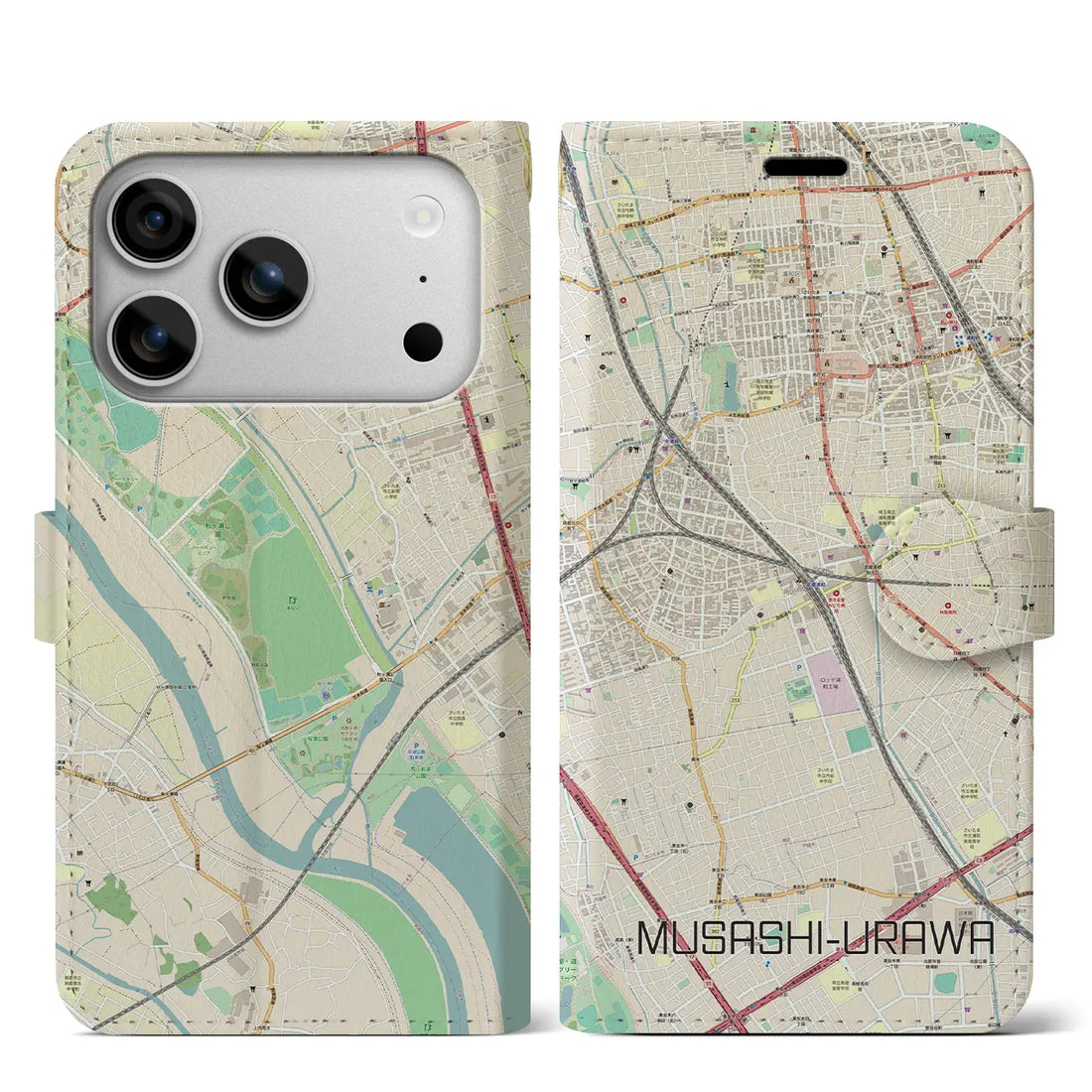 【武蔵浦和（埼玉県）】地図柄iPhoneケース（手帳タイプ）モノトーン・iPhone 17 Pro Max 用