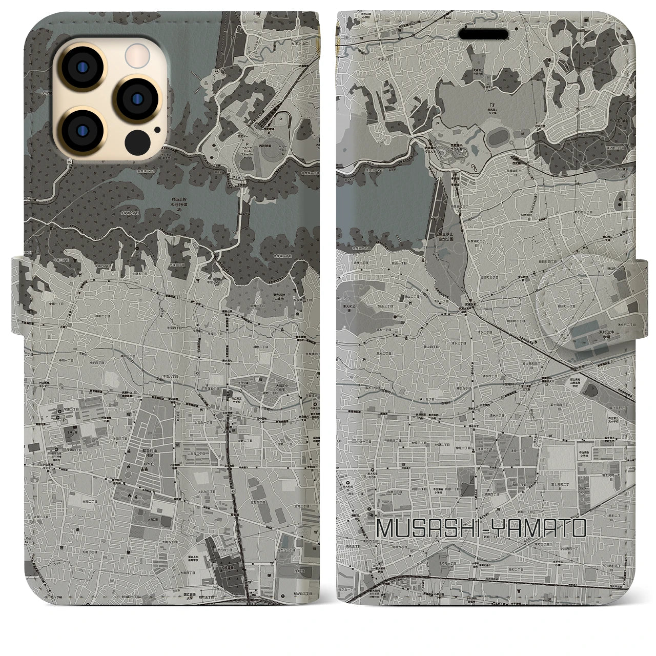 【武蔵大和】地図柄iPhoneケース（手帳両面タイプ・モノトーン）iPhone 12 Pro Max 用