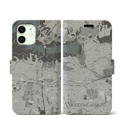 【武蔵大和（東京都）】地図柄iPhoneケース（手帳タイプ）モノトーン・iPhone 12 mini 用