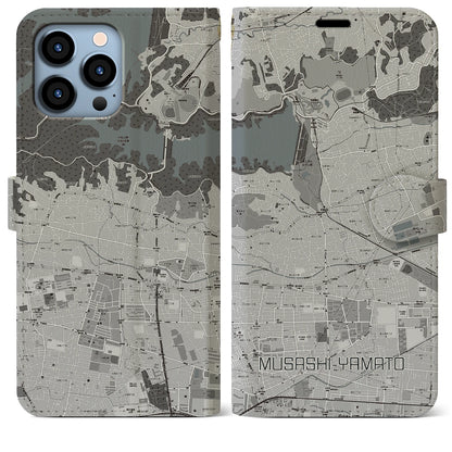 【武蔵大和（東京都）】地図柄iPhoneケース（手帳タイプ）モノトーン・iPhone 13 Pro Max 用