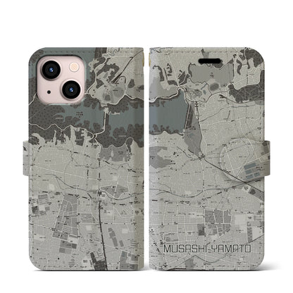 【武蔵大和（東京都）】地図柄iPhoneケース（手帳タイプ）モノトーン・iPhone 13 mini 用