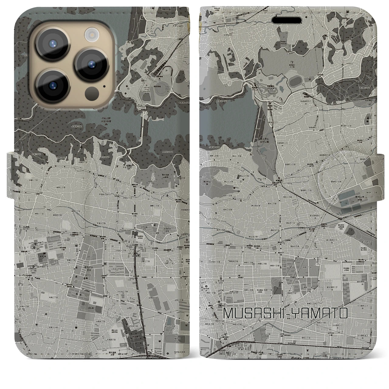 【武蔵大和】地図柄iPhoneケース（手帳両面タイプ・モノトーン）iPhone 14 Pro Max 用
