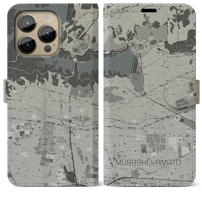 【武蔵大和（東京都）】地図柄iPhoneケース（手帳タイプ）モノトーン・iPhone 14 Pro Max 用