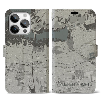 【武蔵大和（東京都）】地図柄iPhoneケース（手帳タイプ）モノトーン・iPhone 14 Pro 用